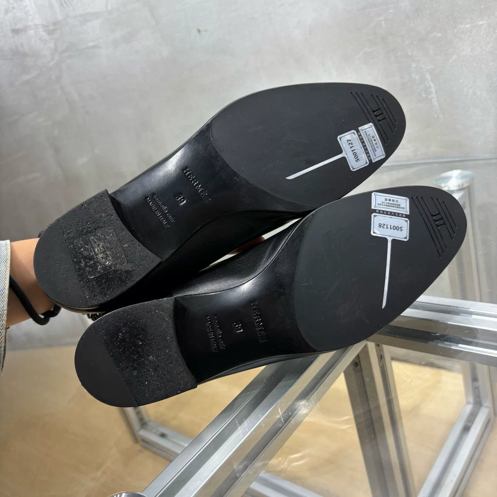 HERMES Black Silver Buckle Loafers