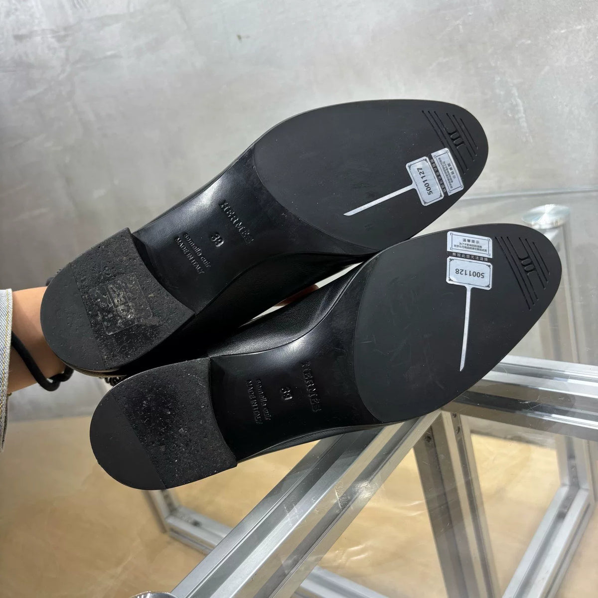 HERMES Black Silver Buckle Loafers