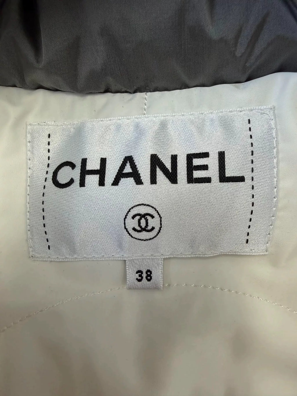 Chanel Silver Grey Letter Embossed Tied-Bow Nylon Down Jacket