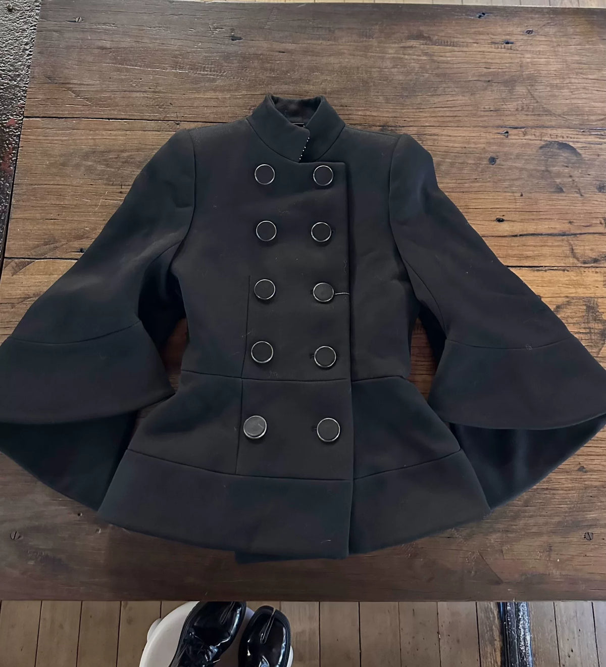 Alexander McQueen FW15 Black Bell Sleeve Floral Skirt Wool Coat