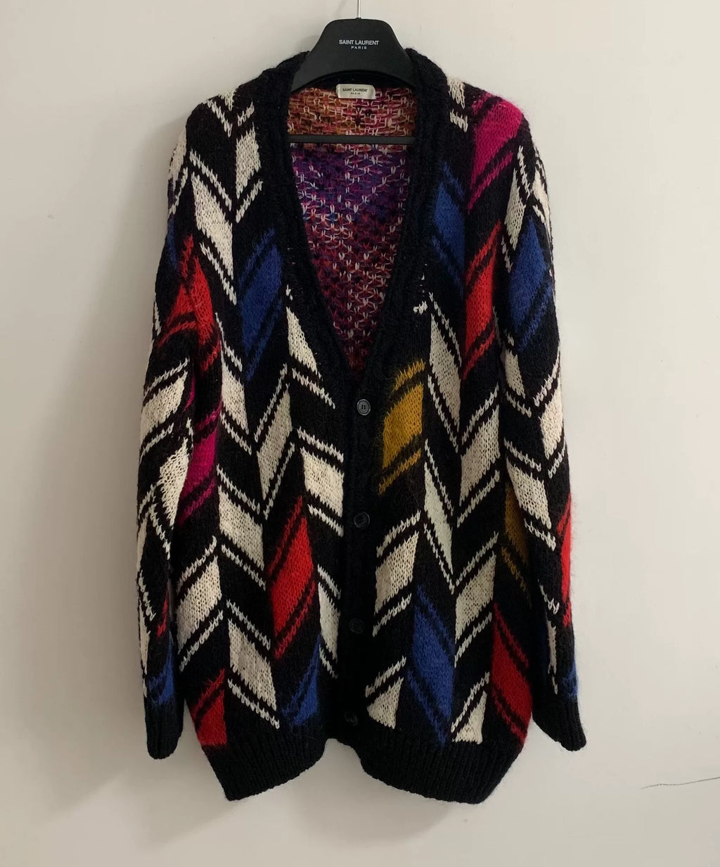 Saint Laurent 21FW Runway Multicolor Color-Block Mohair Knit Wool Cardigan