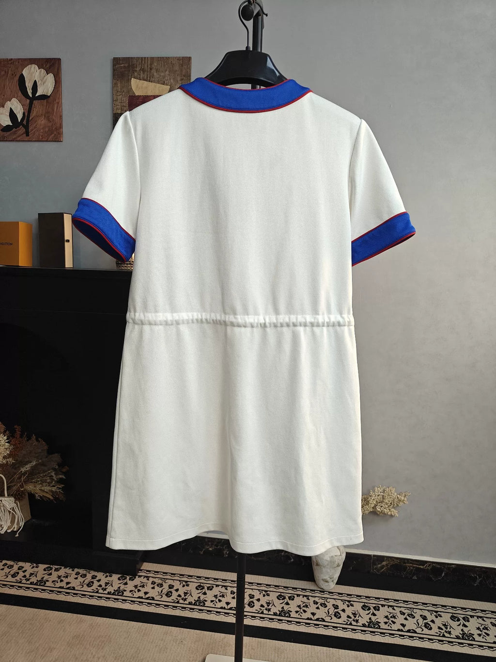 Gucci White Blue Red Trim Dinosaur Embroidery Cotton Dress