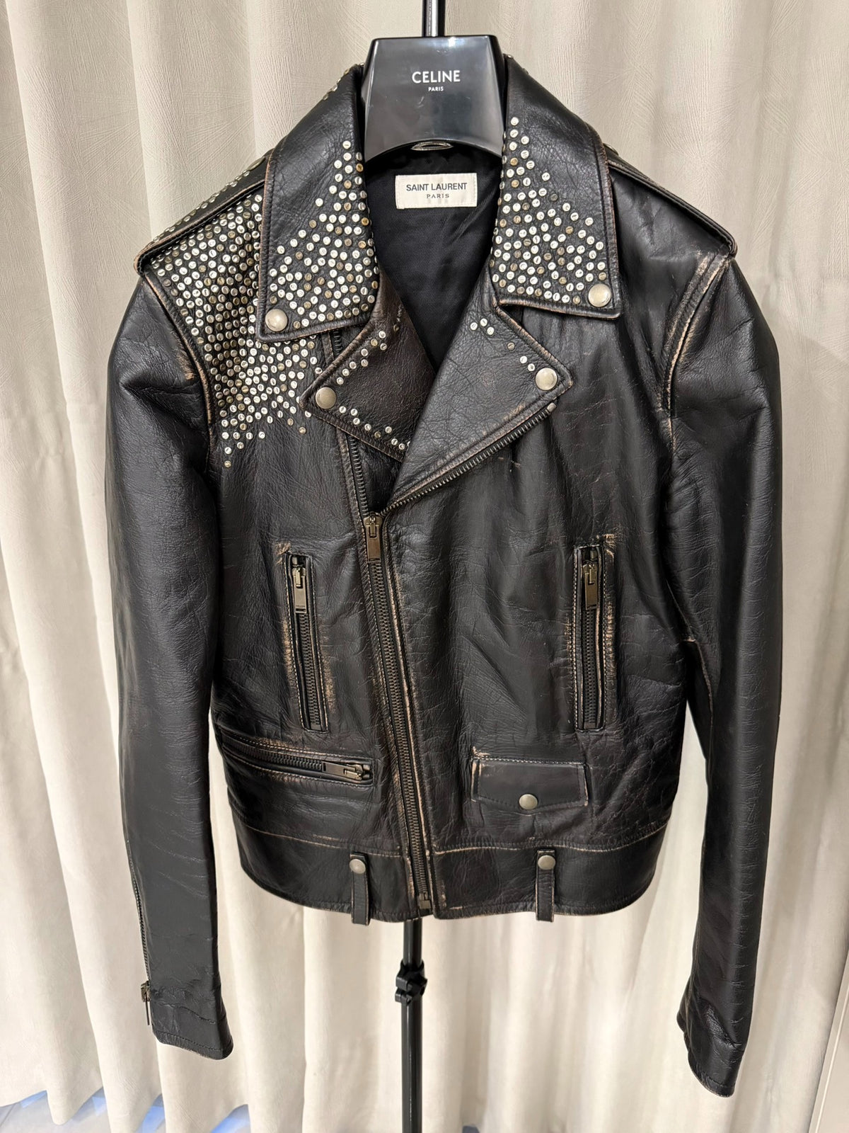 Saint Laurent Paris FW17 L01 Distressed Riveted Lambskin Motorcycle Jacket