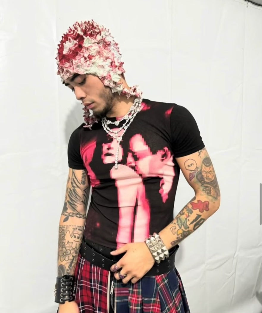 Jean Paul Gaultier psychedelic portrait mesh top skin-tight