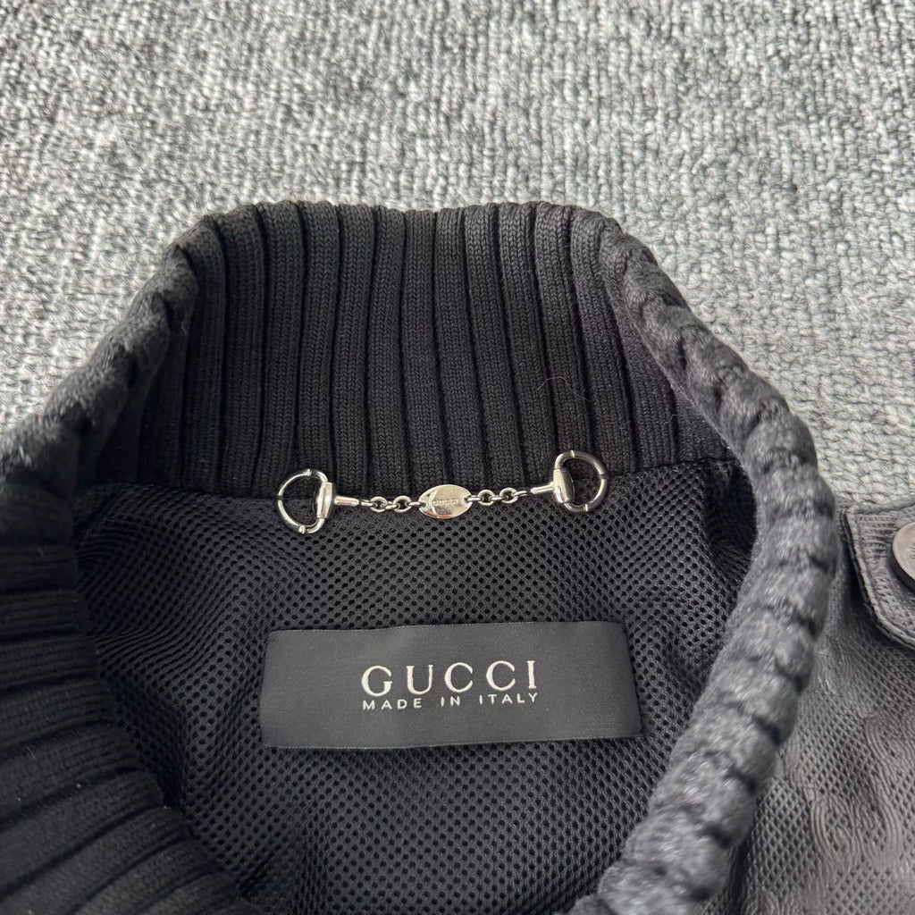 Gucci knit patchwork double-G all-over print leather pilot jacket