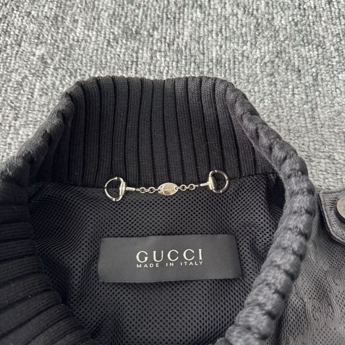 Gucci knit patchwork double-G all-over print leather pilot jacket