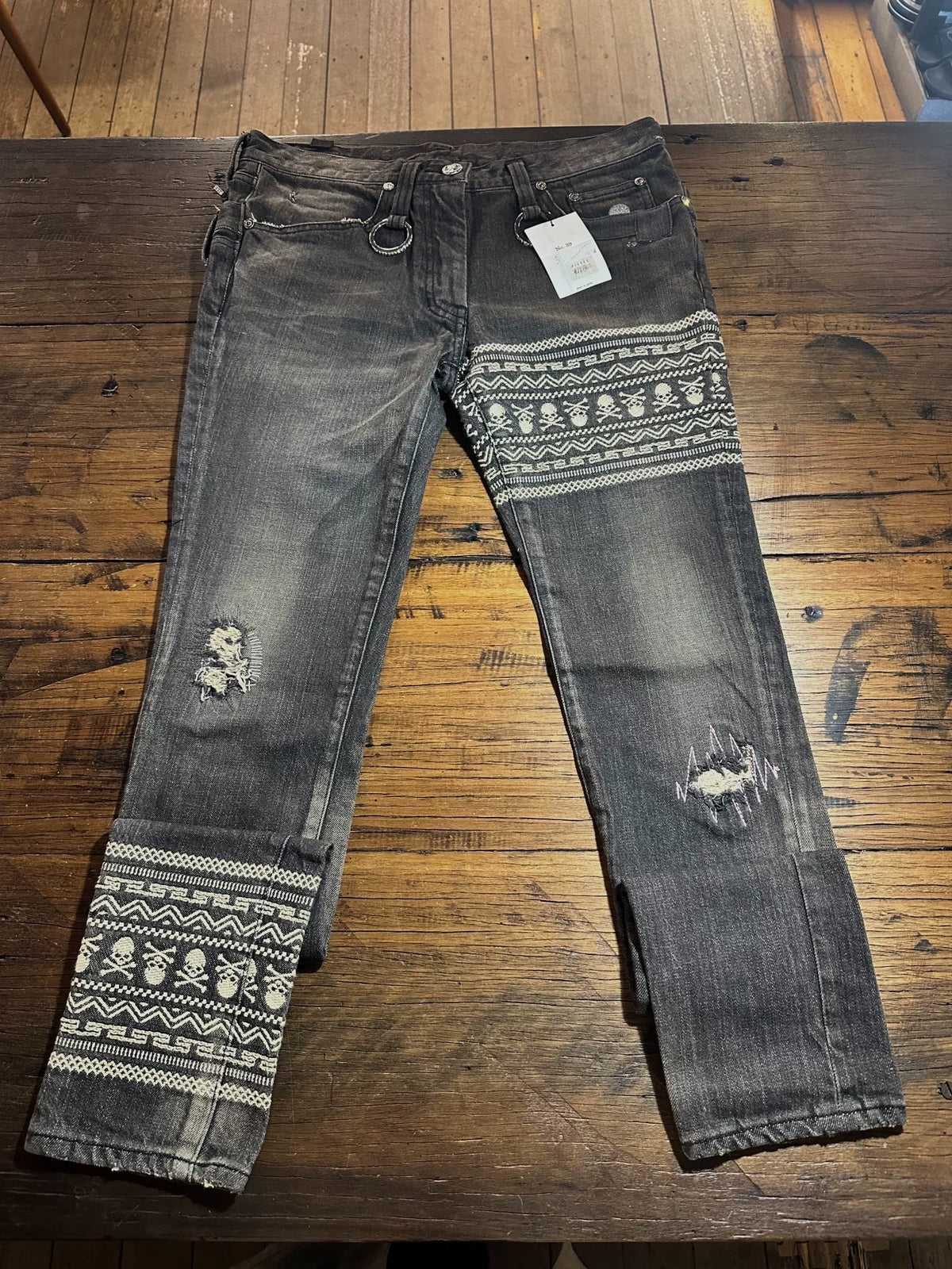 mastermind Japan FW12 Neworder SAMPLE Black Double Waist Skull Patch Denim Pants