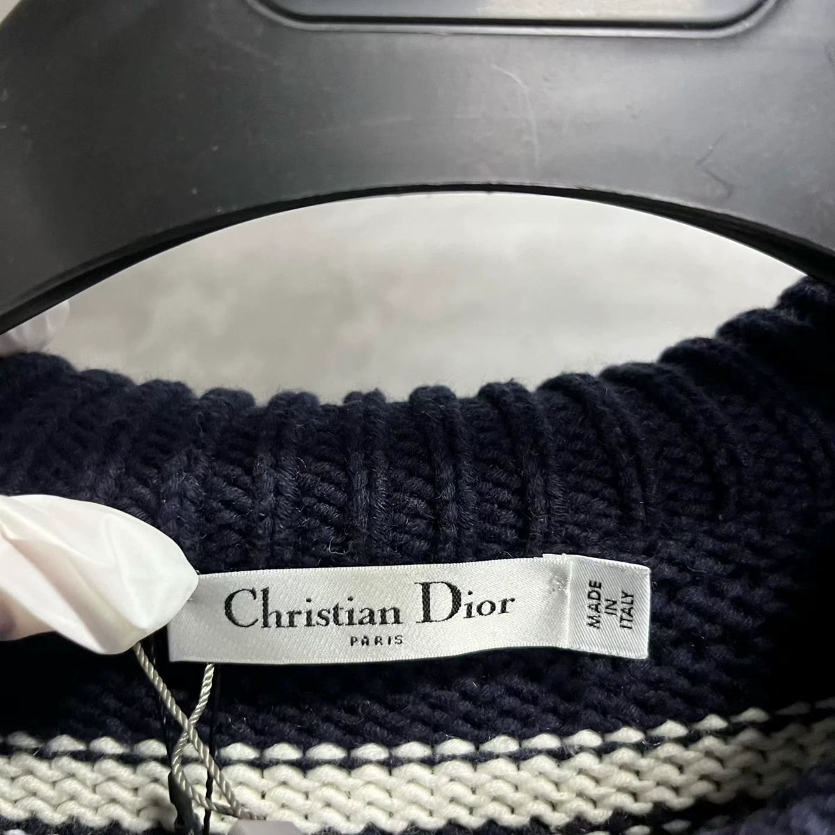 Dior Navy Blue Striped Tie Detail Knit Sweater