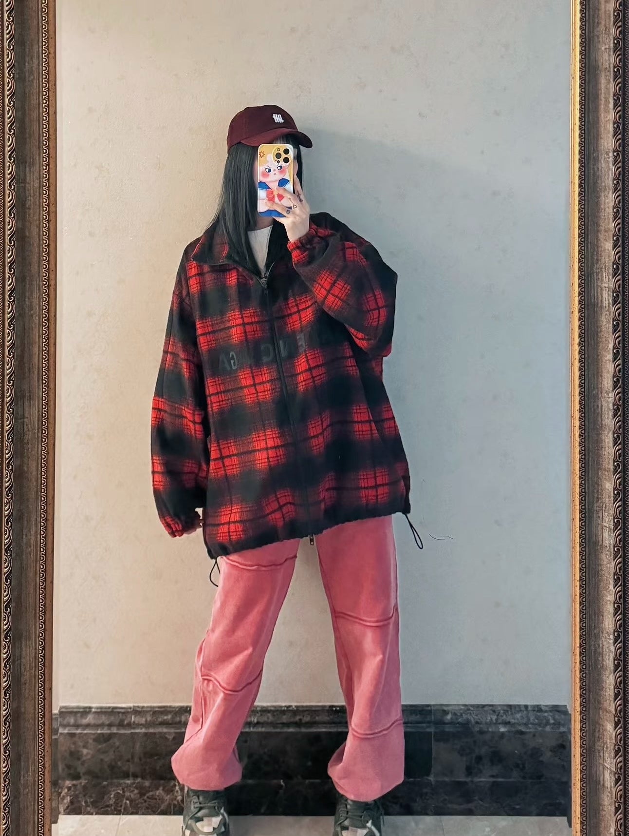 Balenciaga Red and Black Plaid Tassel Coat