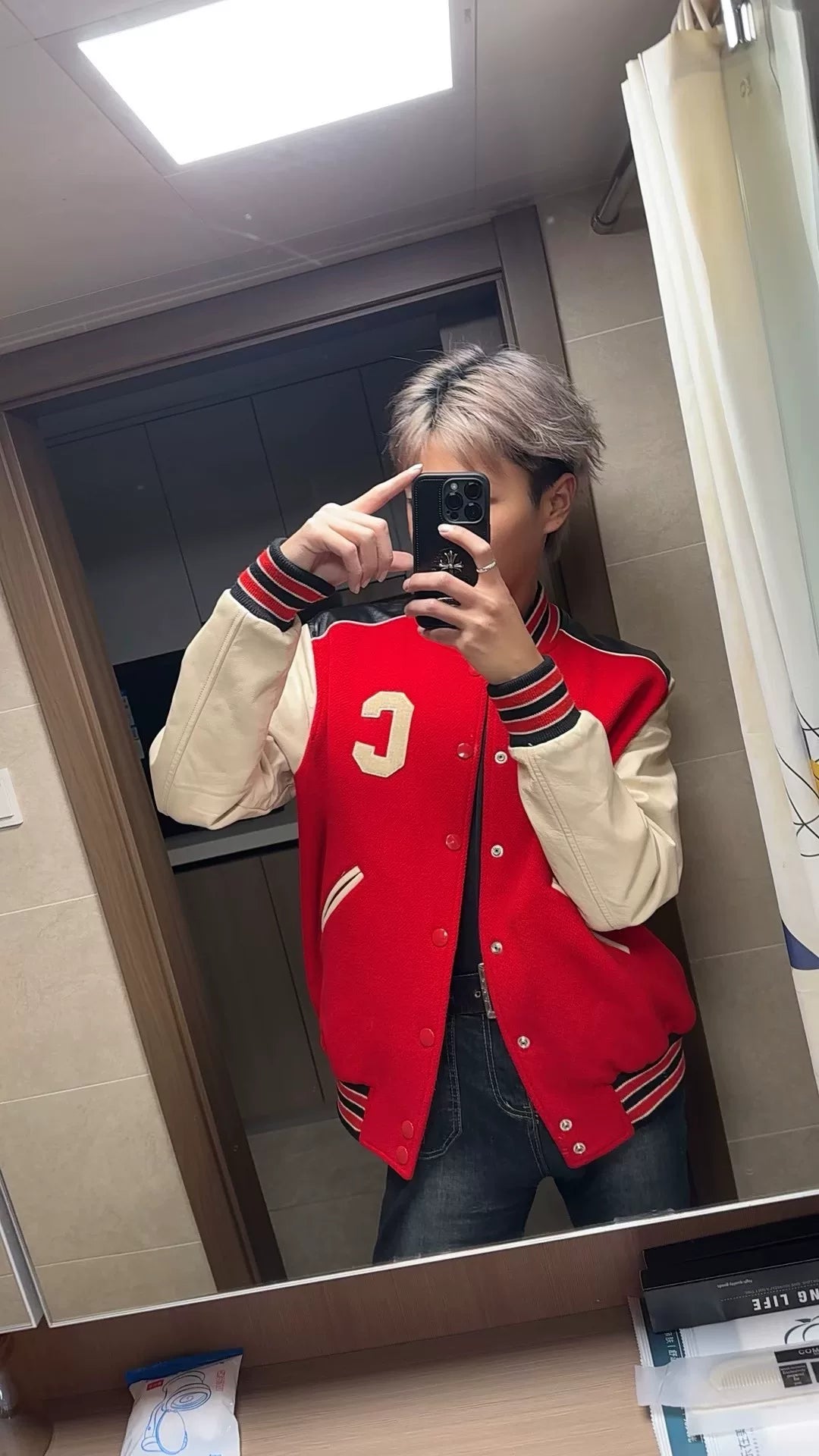 Celine Red Lambskin Sleeve Wool Embroidered Letter C Baseball Jacket