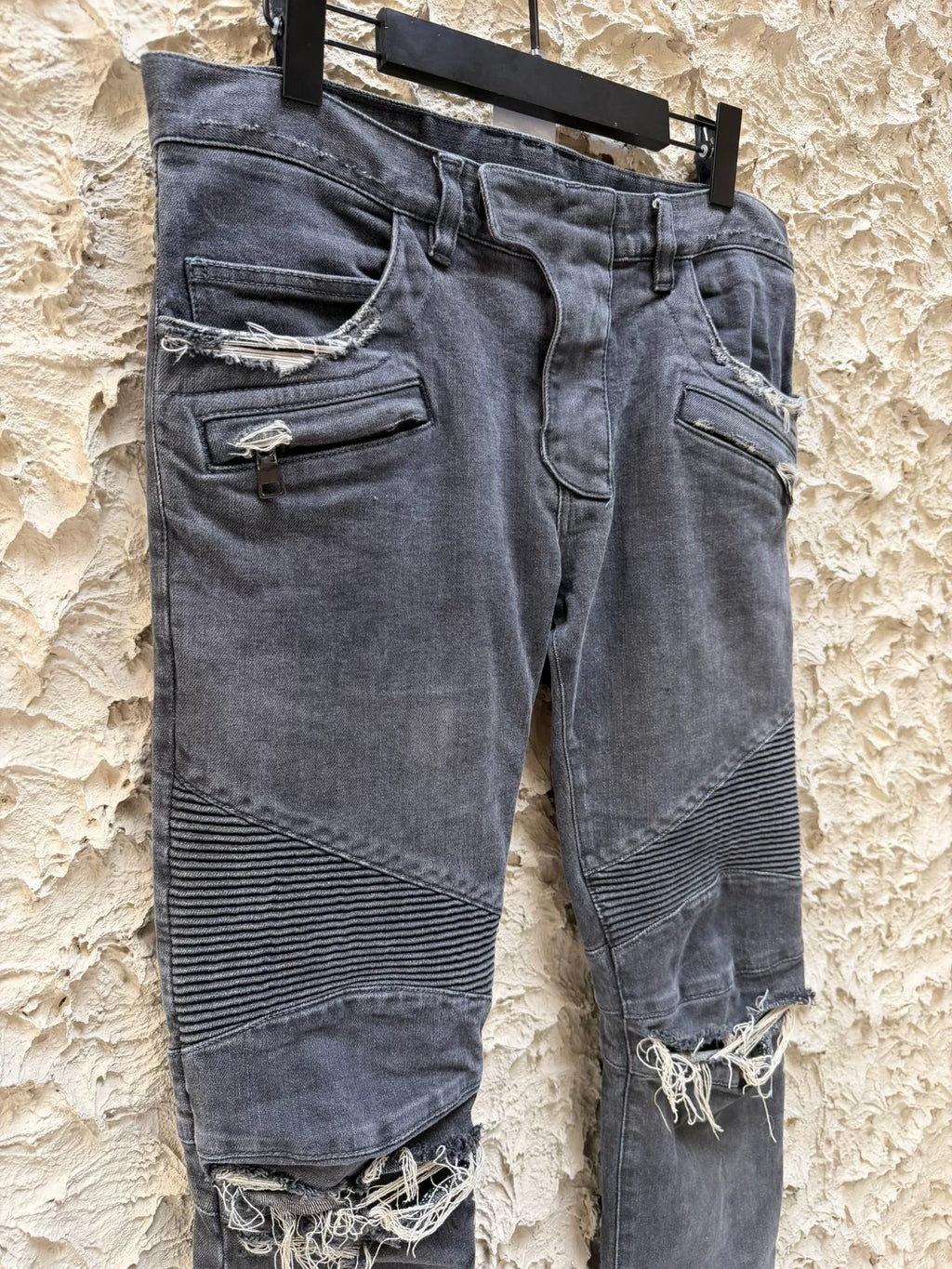 Balmain AW15 Black Destroyed Motorcycle Denim Jeans