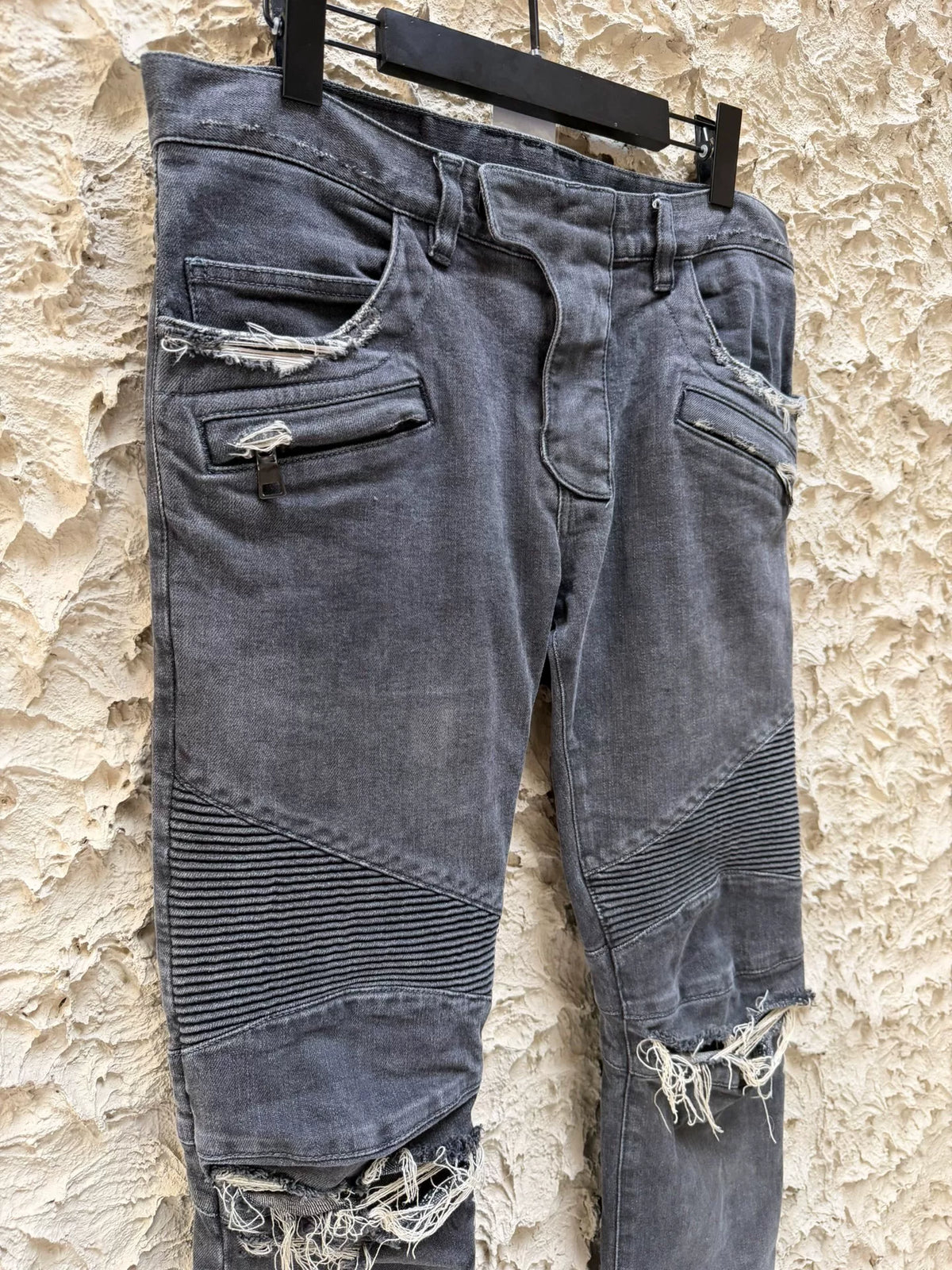 Balmain AW15 Black Destroyed Motorcycle Denim Jeans