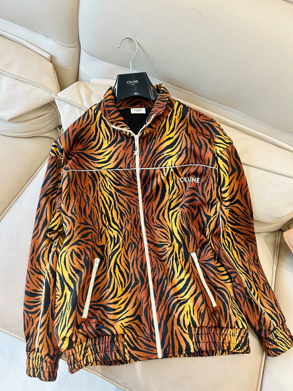 Celine Tiger Leopard Print Stand-Collar Zip-Up Knit Jacket