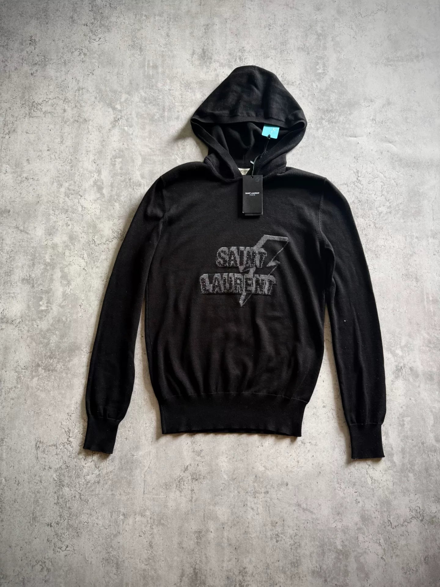 Saint Laurent 18SS Black Wool Lightning Slogan Studded Hoodie by Anthony Vaccarello