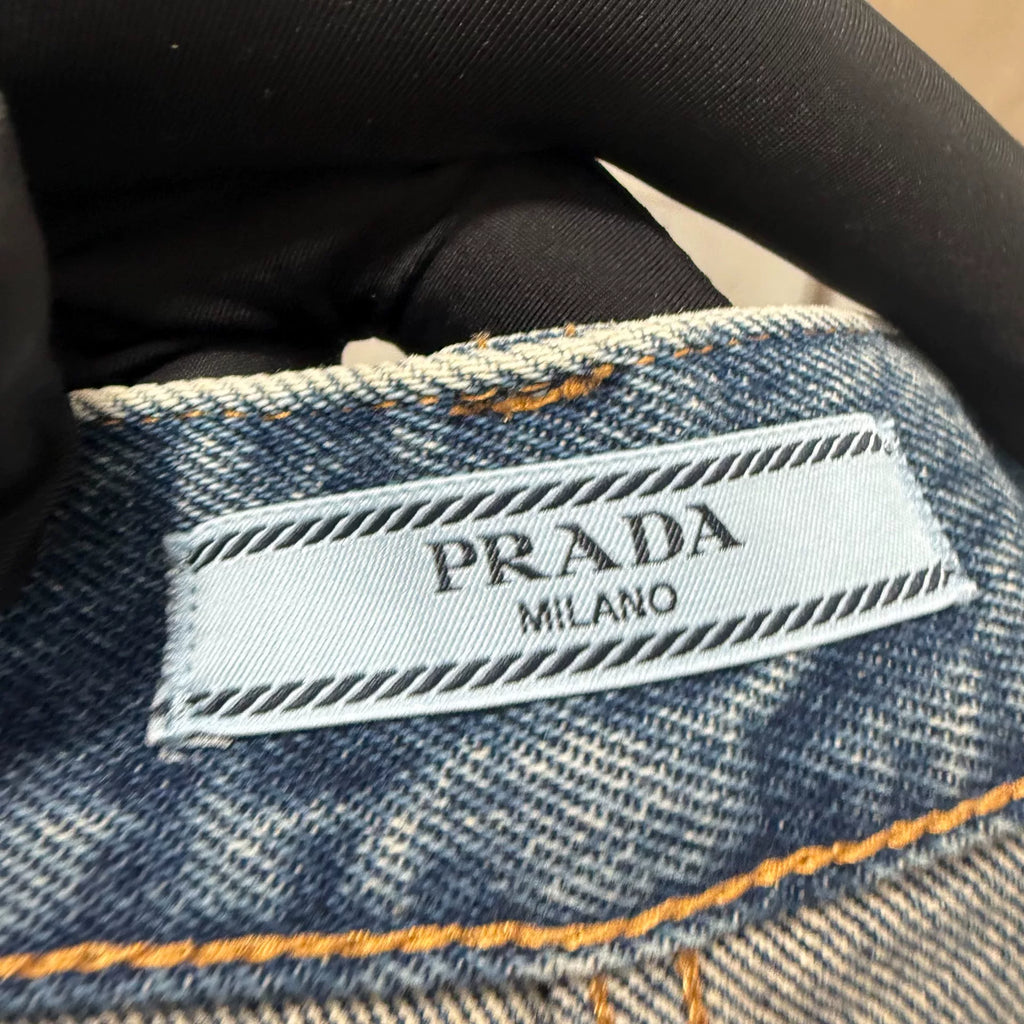 Prada Triangle Logo Distressed Denim Shorts