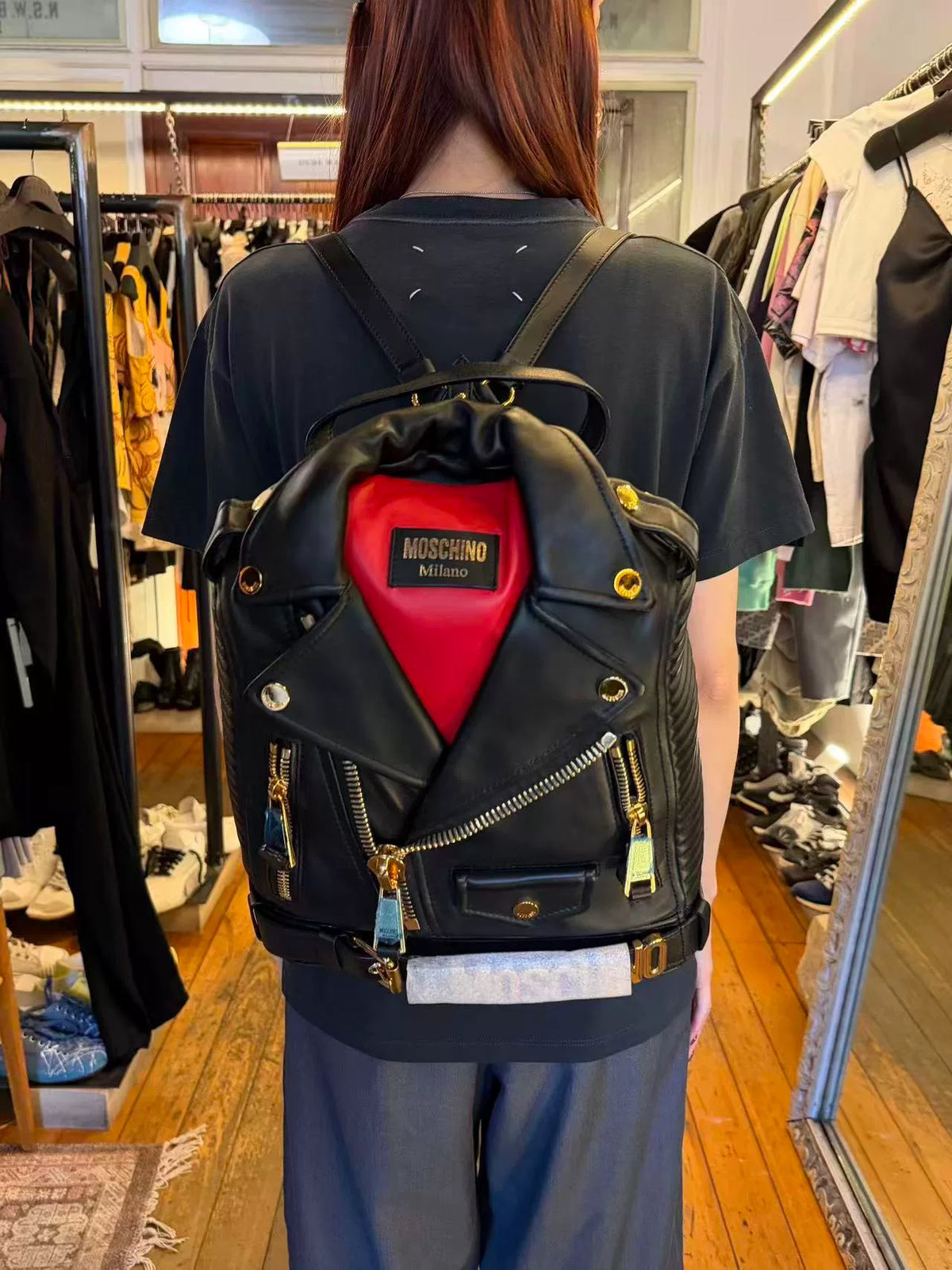 Moschino FW14 Black Biker Gold Buckle Lambskin Backpack