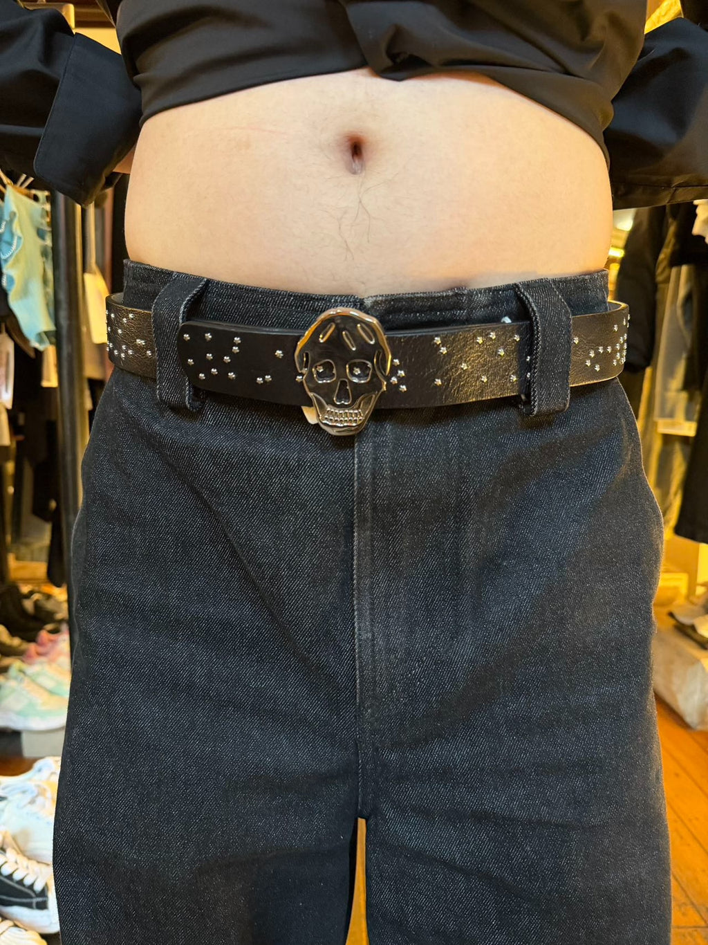Alexander McQueen Black Star Studded Silver Skull Buckle Leather Belt