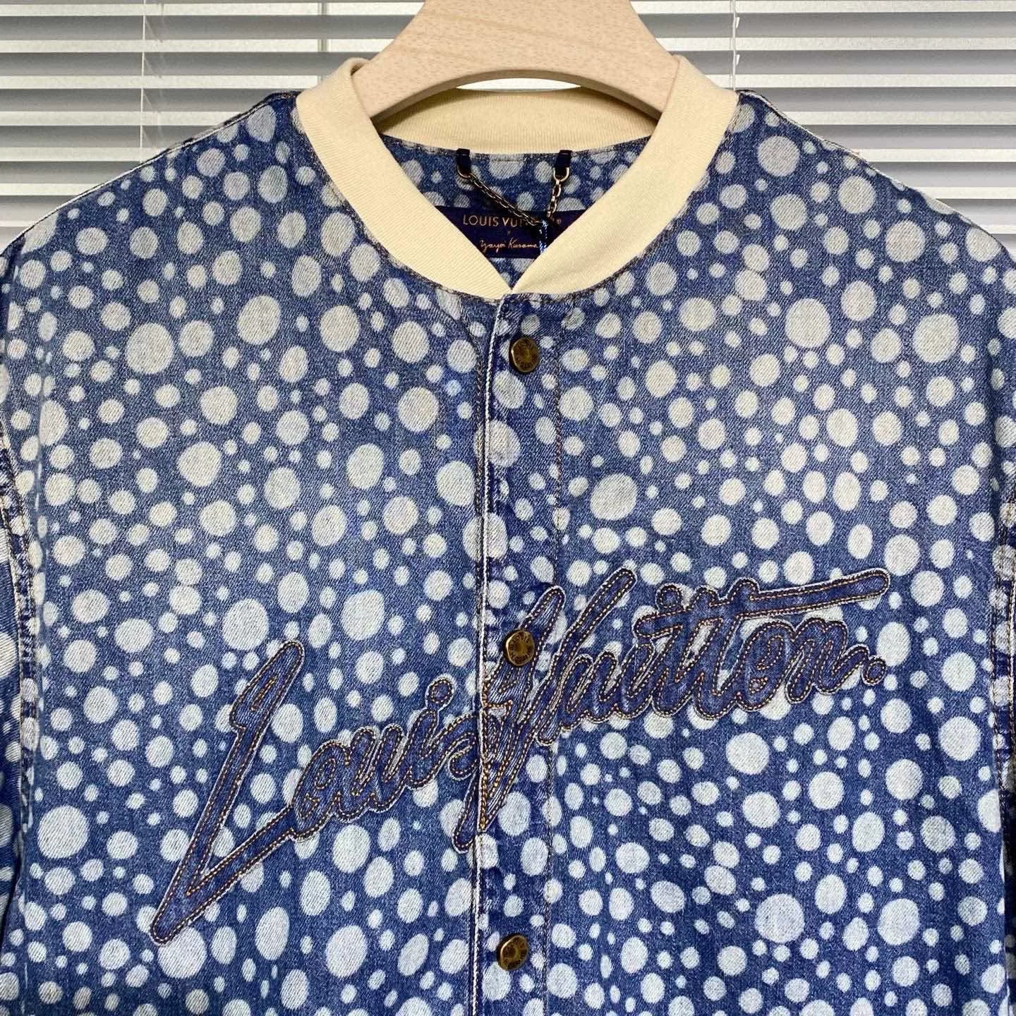 Louis Vuitton Denim Short Sleeve Yayoi Kusama Polka Dot All-Over Print Embroidered Logo Denim Blue Shirt