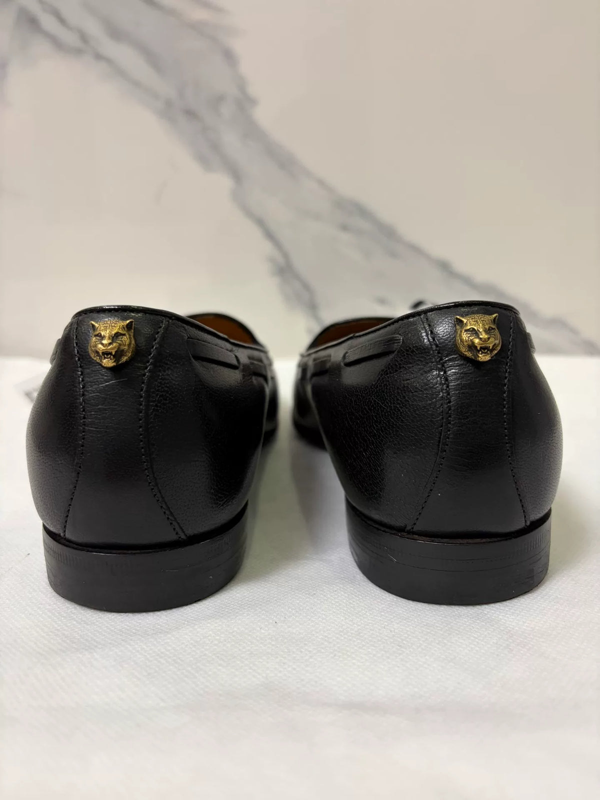 Gucci Black Fringe Leopard Head Metal Loafers
