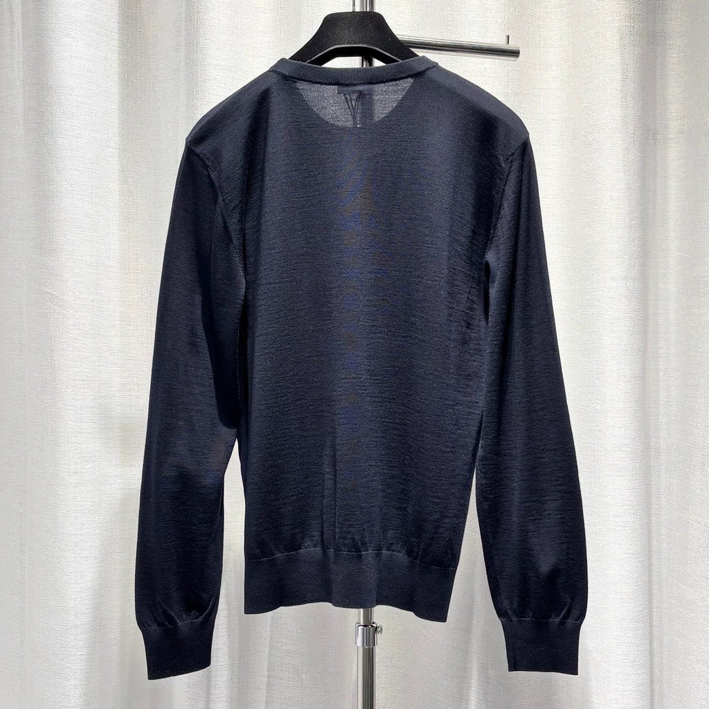 Dior Navy Blue CD Letter Embroidered Logo Ribbed Collar Wool Sweater