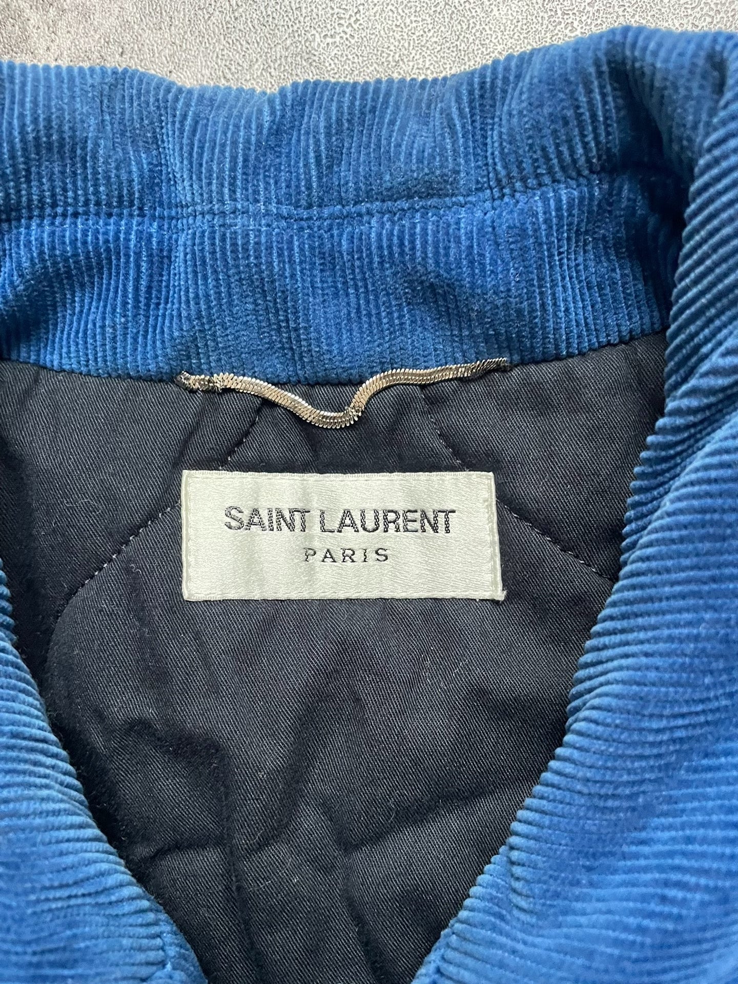 Saint Laurent SLP17 Fall/Winter Blue Corduroy Slogan Quilted Jacket