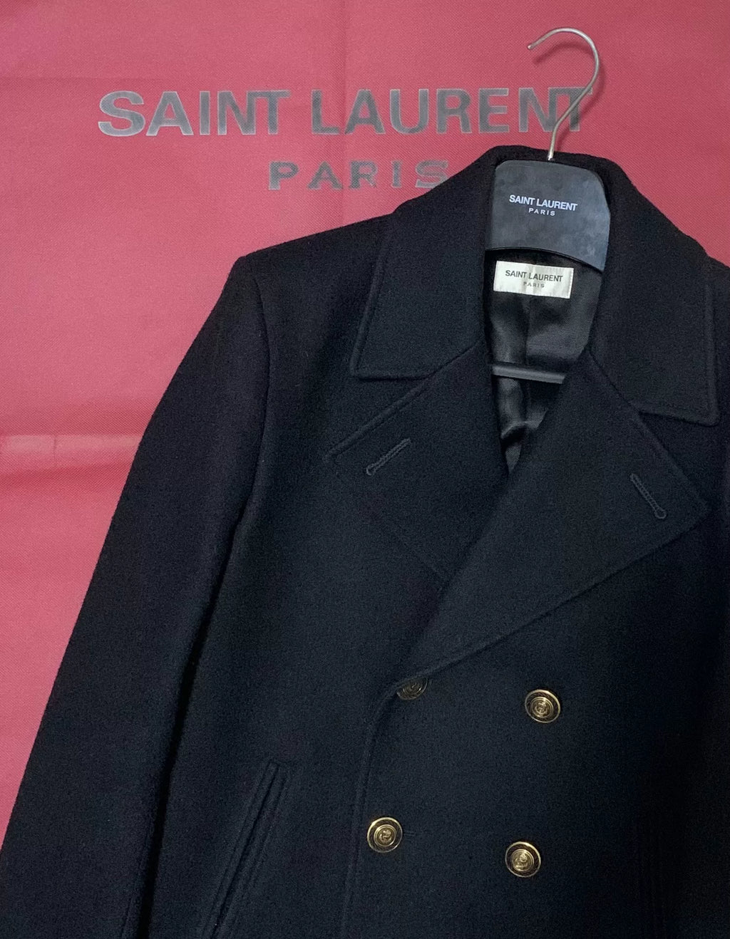 Saint Laurent FW20 Navy Gold Button Double-Breasted Wool Coat