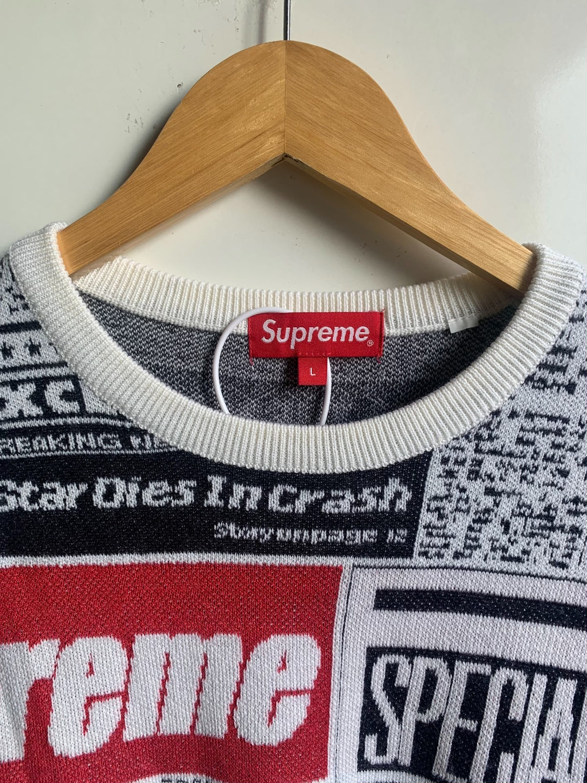 Supreme Black & White Newspaper Print Wool Viscose Sweater