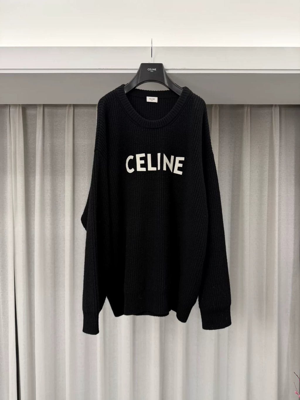 Celine Black Embroidered Logo Crew Neck Wool Sweater by Hedi Slimane
