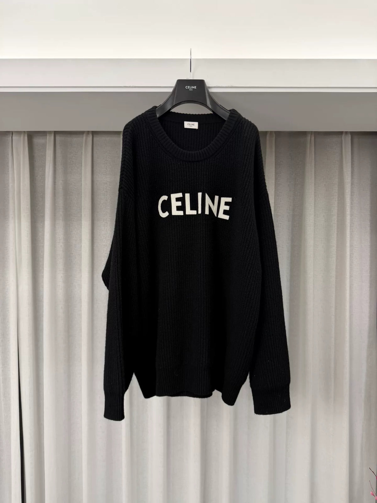 Celine Black Embroidered Logo Crew Neck Wool Sweater by Hedi Slimane