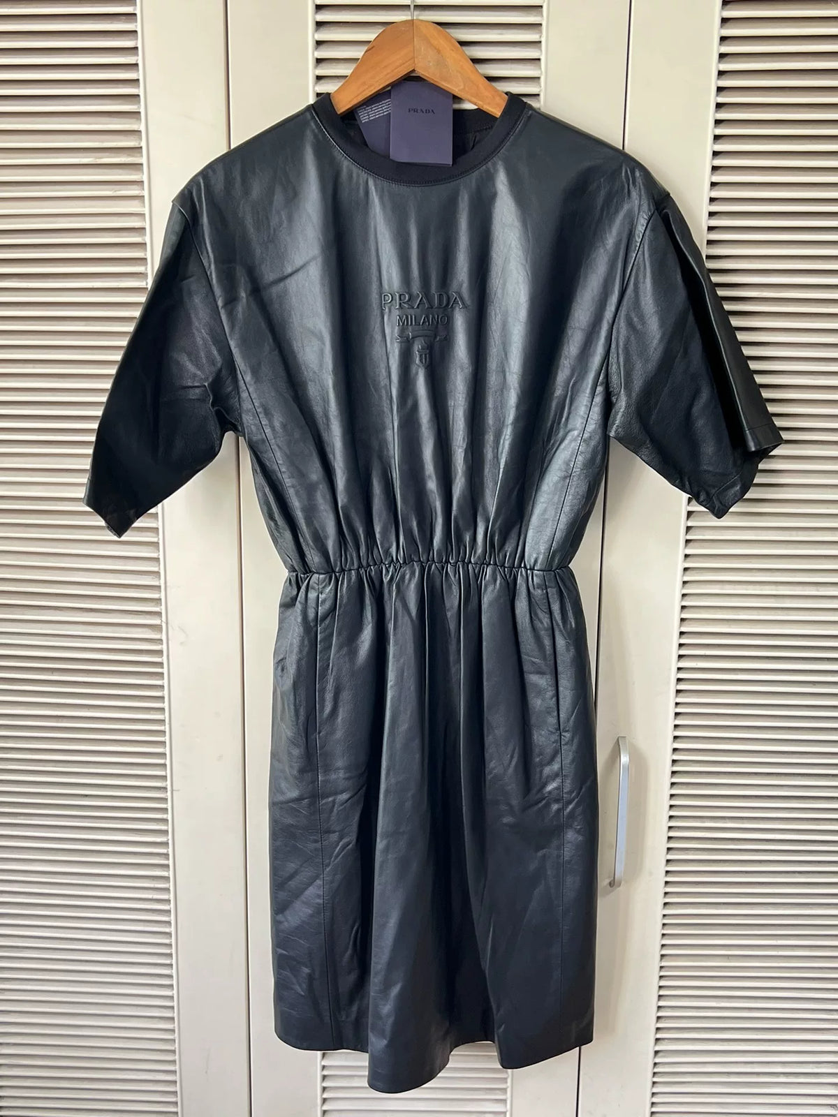 Prada Black Lambskin Logo Drawstring Sheepskin Dress