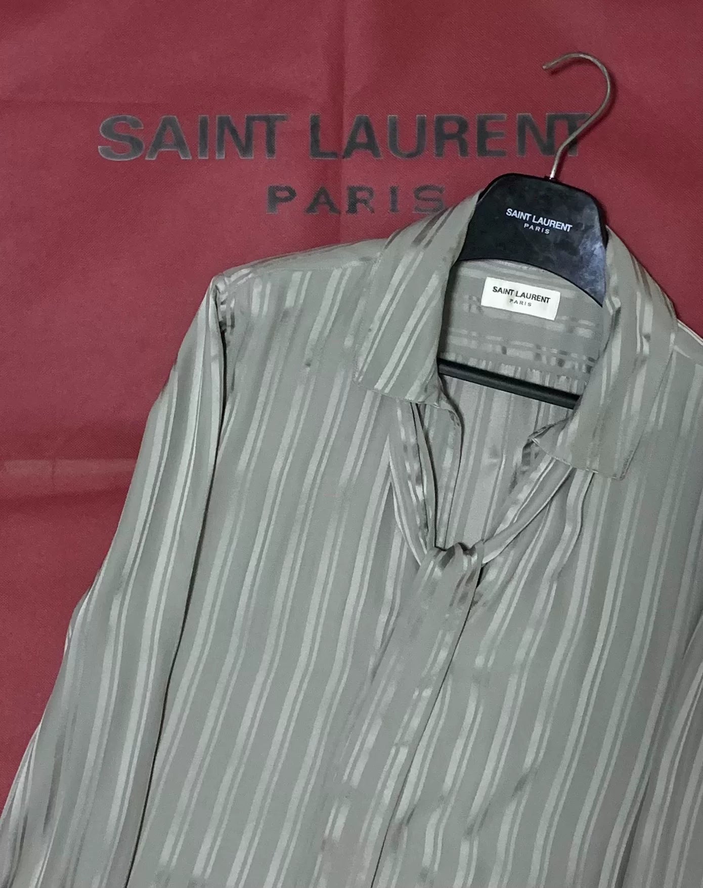 Saint Laurent 22FW Runway Silk Silver Striped Shirt