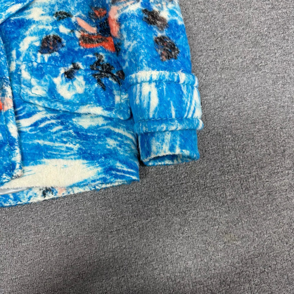 Prada blue oil-painting style fur-collared turn-down jacket