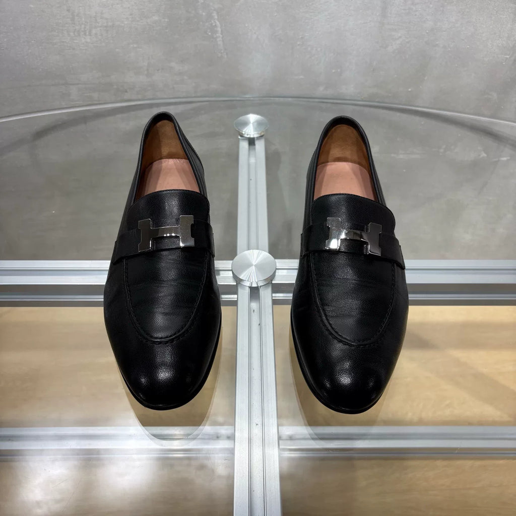 HERMES Black Silver Buckle Loafers