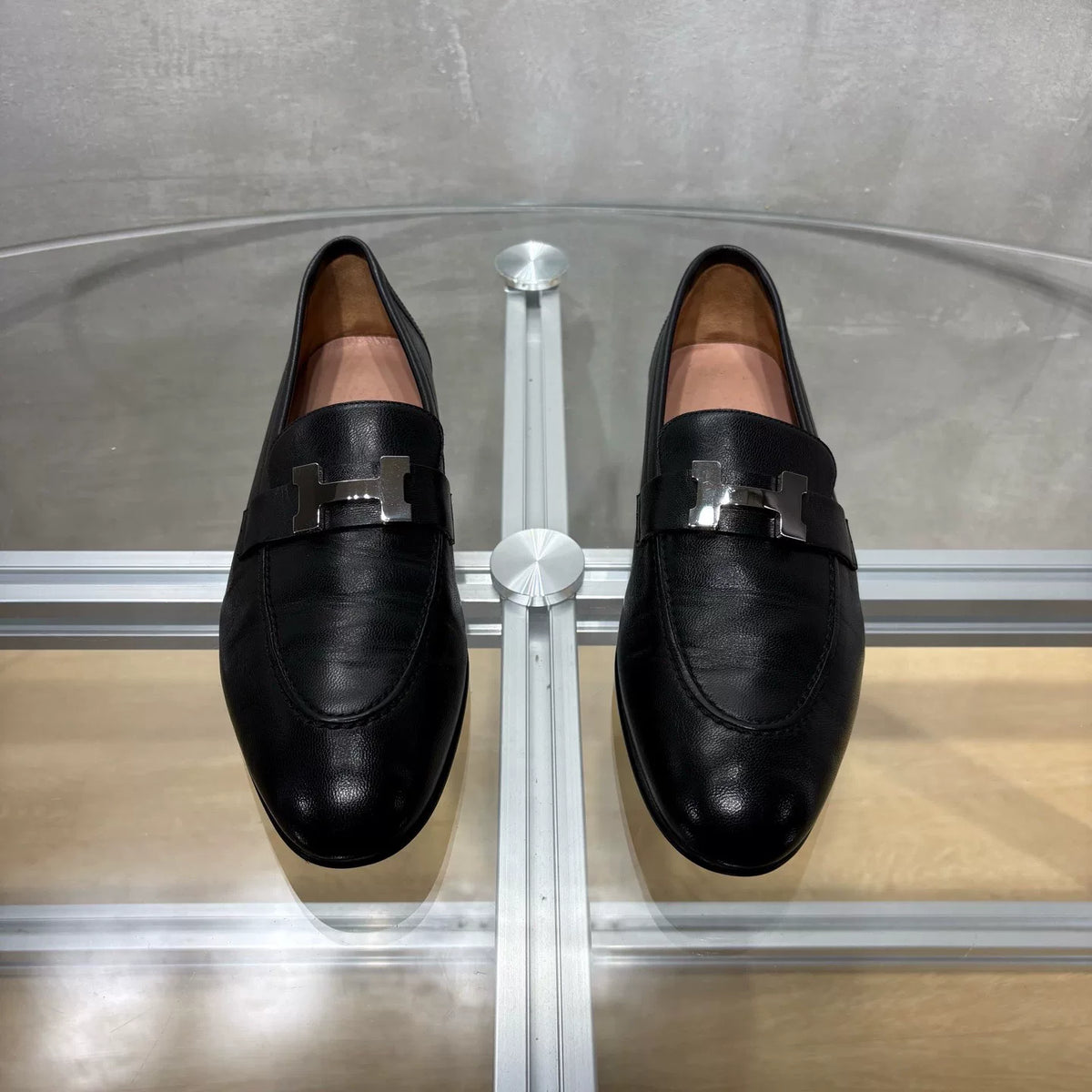 HERMES Black Silver Buckle Loafers