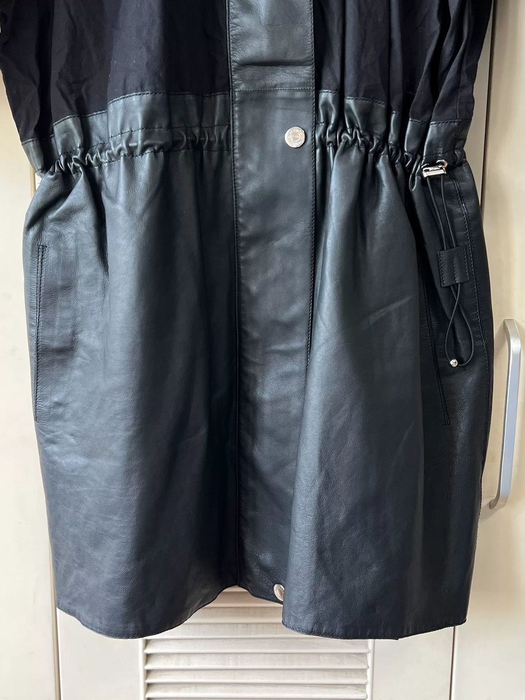 Hermes Pieced Leather Black Panel Runway Drawstring Waist Dress