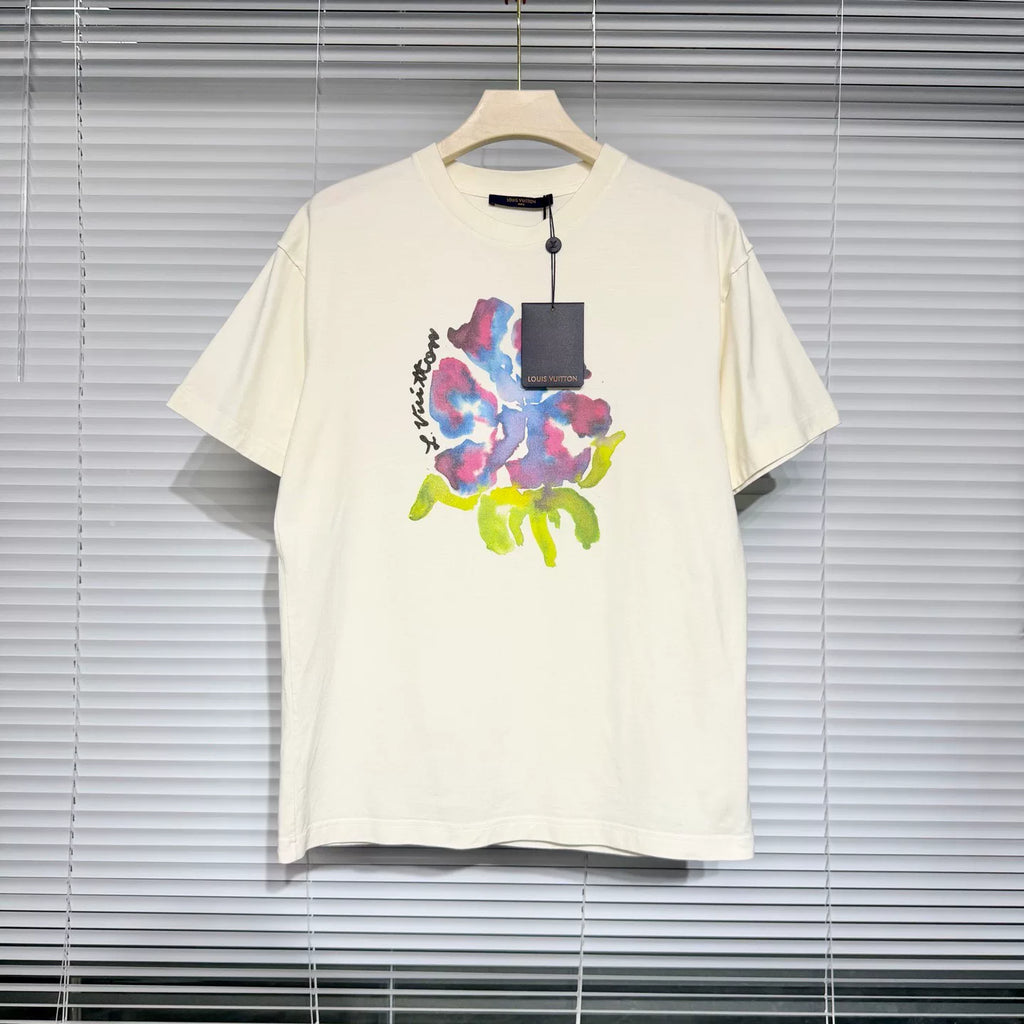 Louis Vuitton Watercolor Floral Cotton White Short Sleeve T-Shirt
