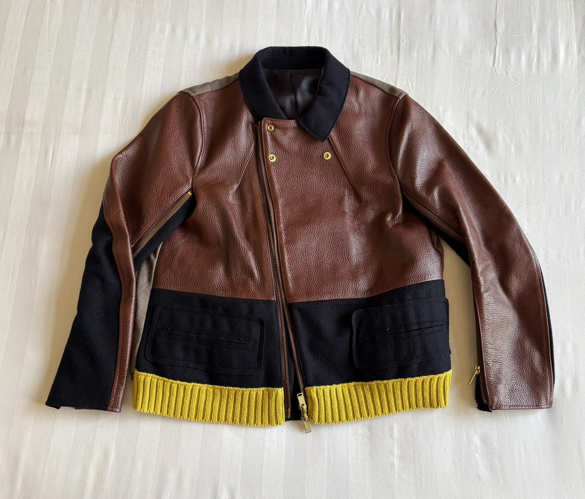 Undercover Zip Panel Leather Deconstructed Pleated Plaid Knit Jacket