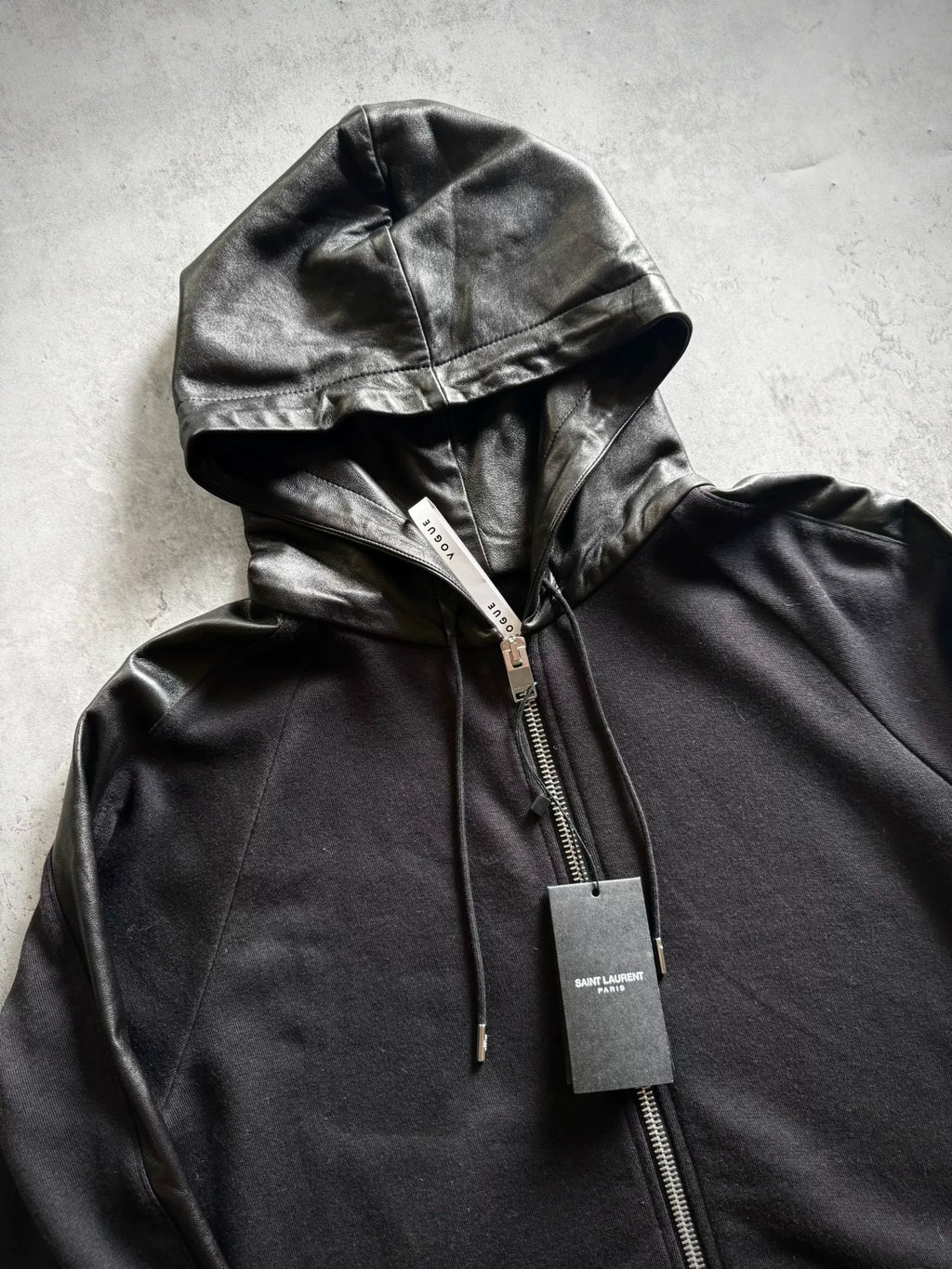 Saint Laurent Paris Black Leather-Panel Hoodie by Hedi Slimane