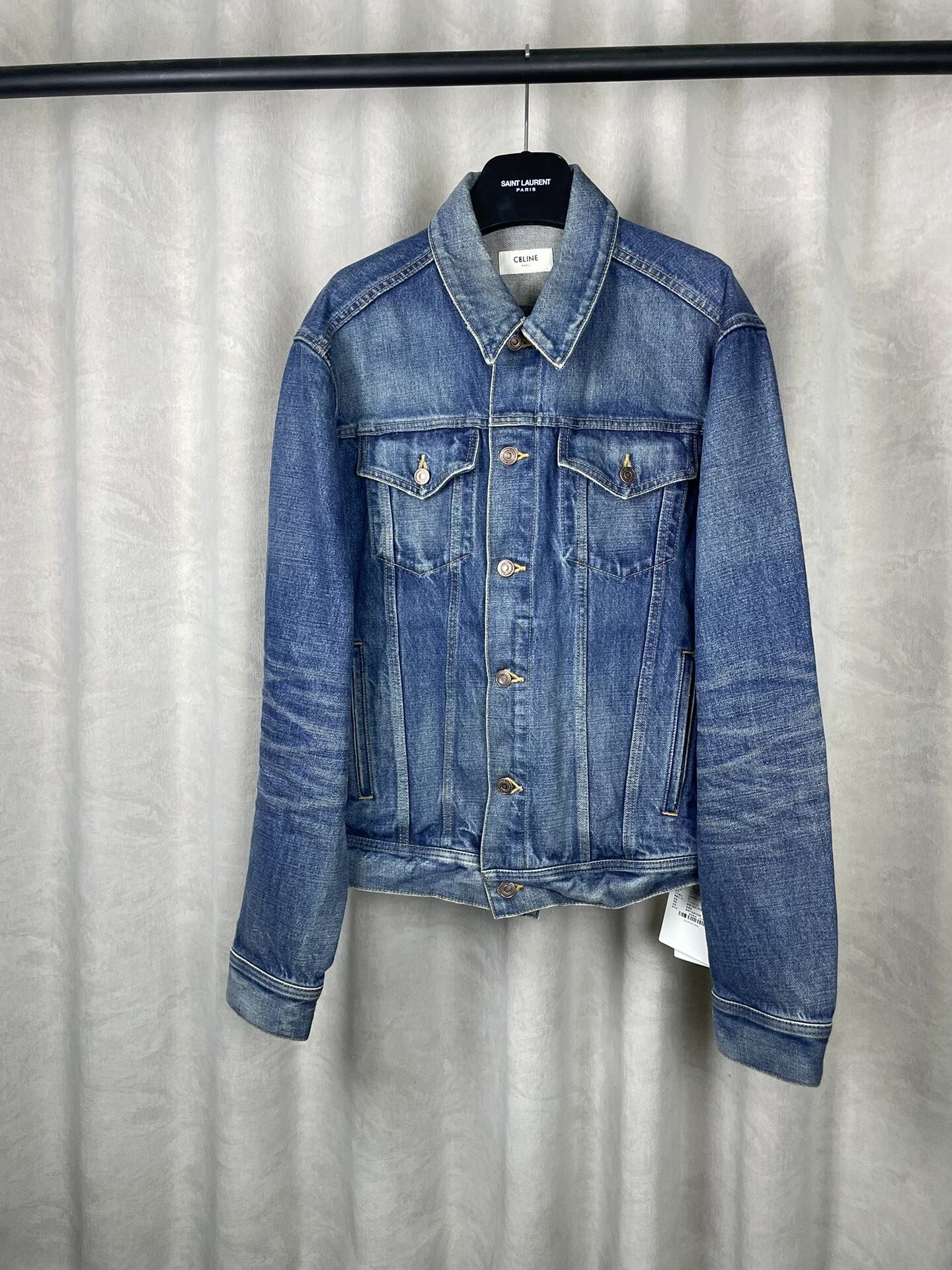 Celine FW22 Blue Washed Boy Doll Rhinestone Embroidery Denim Jacket