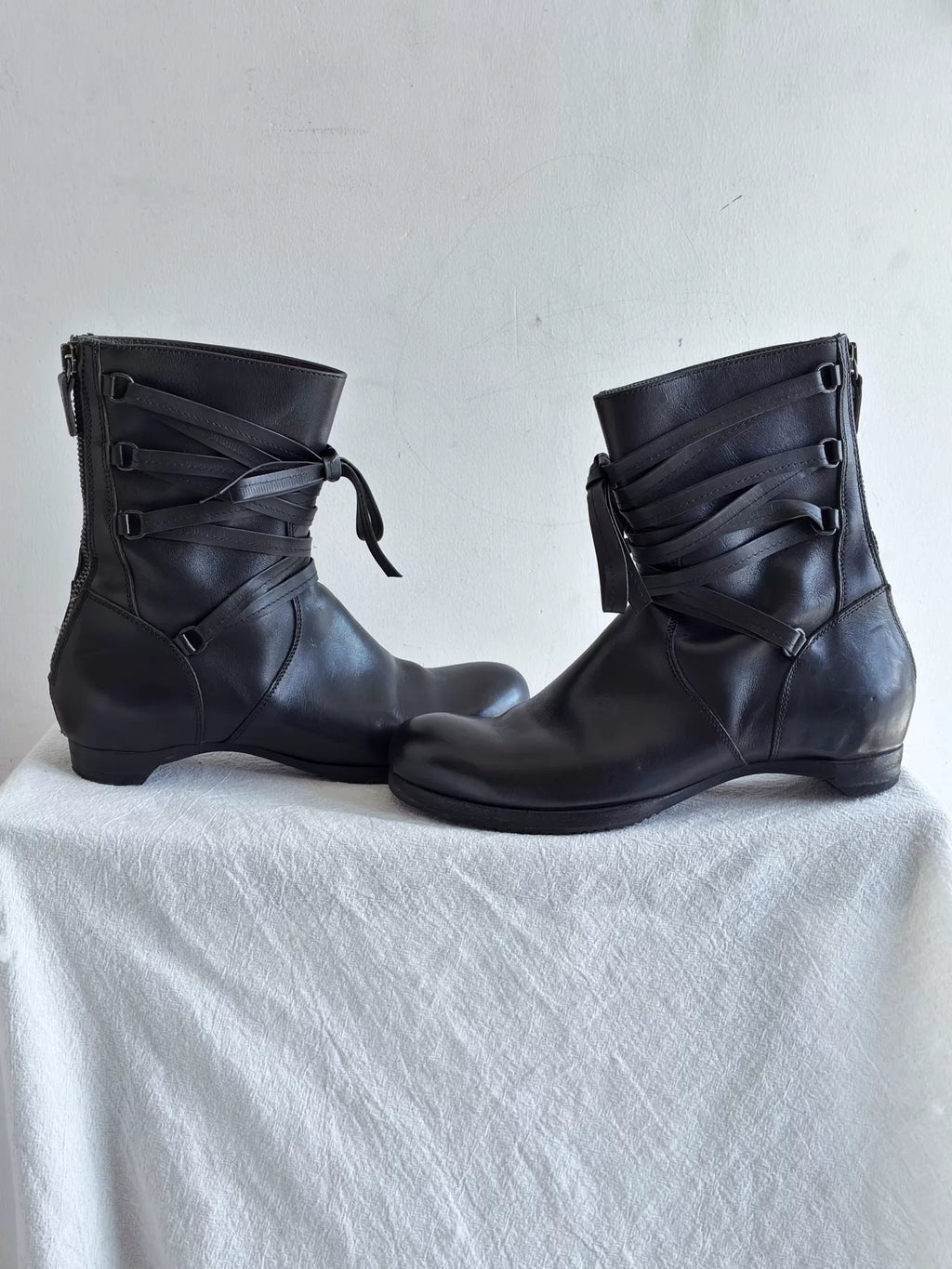90s Yohji Yamamoto Strap Boots Y's Wrap-Strap Knight Mid-Calf Leather Boots
