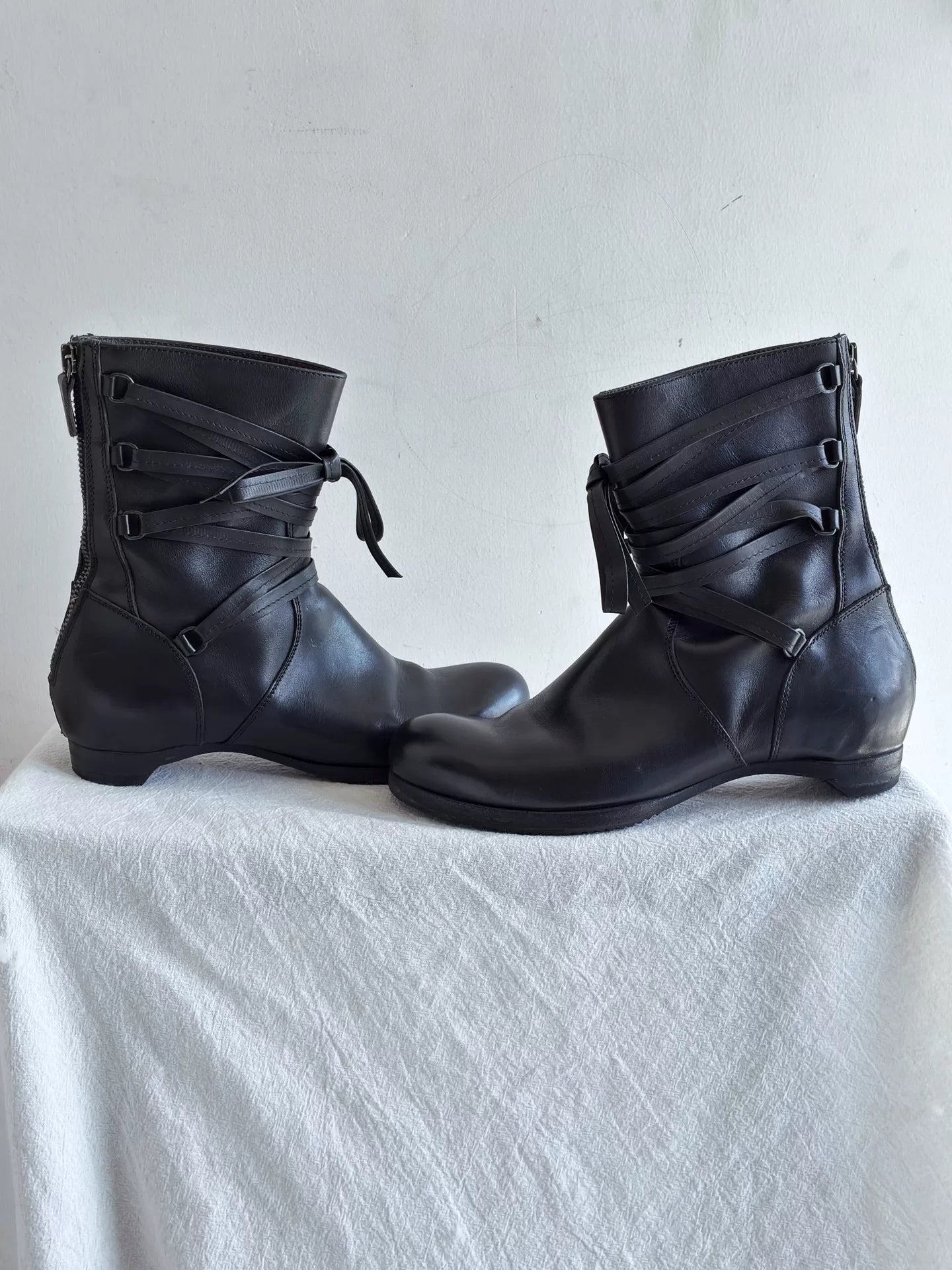 90s Yohji Yamamoto Strap Boots Y's Wrap-Strap Knight Mid-Calf Leather Boots
