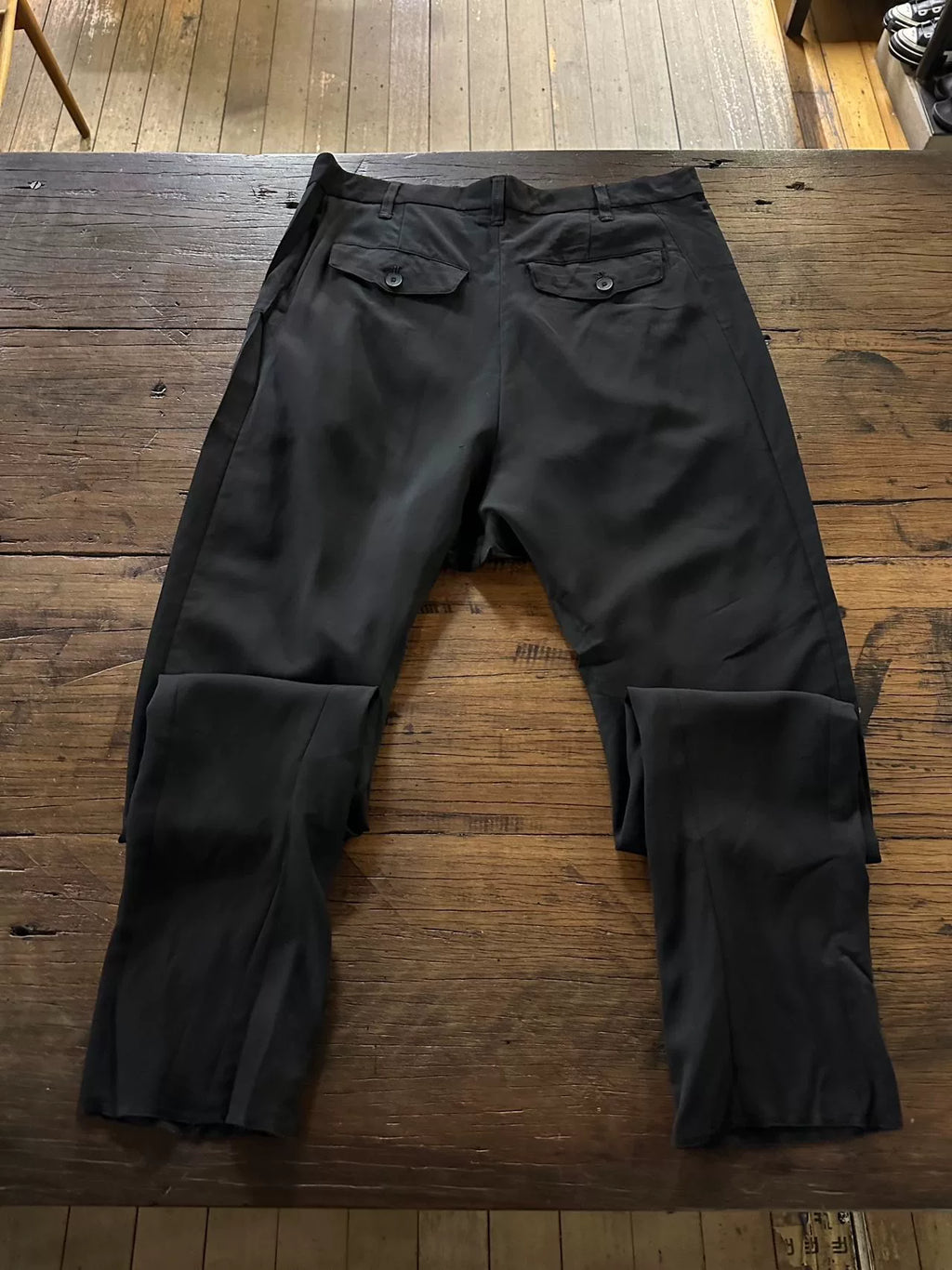 Julius FW16 Pre Black Curved Blade Viscose Wool Trousers