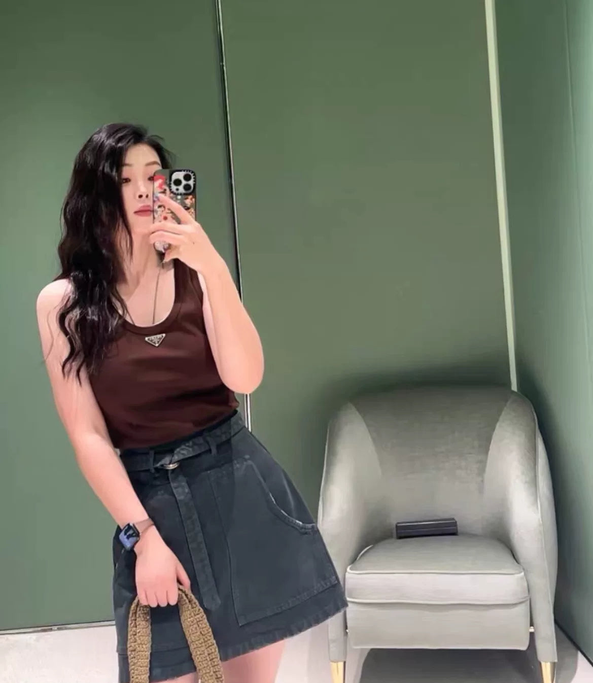 Prada Distressed Triangle Logo Denim Skirt