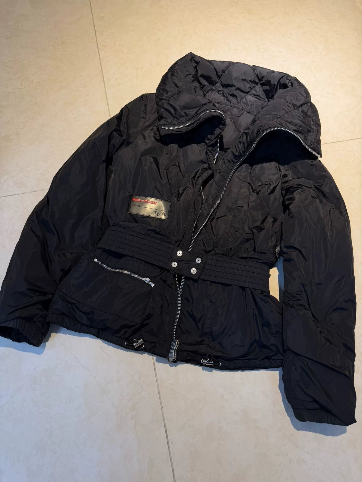 Prada archive runway-style scarf-shaped down jacket