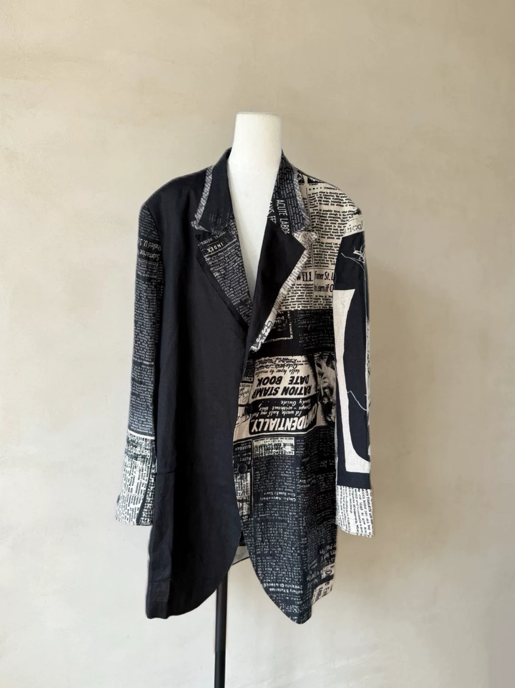 Yohji Yamamoto Black Newspaper Print Asymmetric Linen Coat