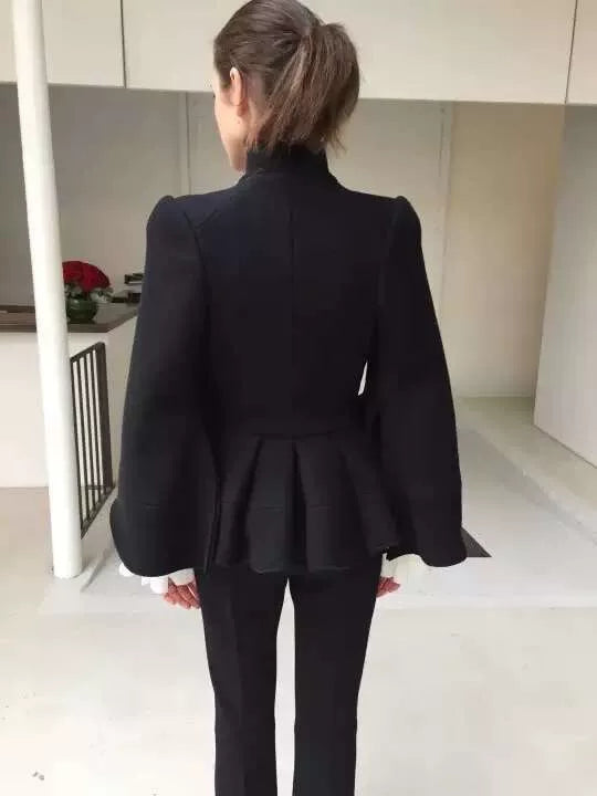 Alexander McQueen FW15 Black Bell Sleeve Floral Skirt Wool Coat