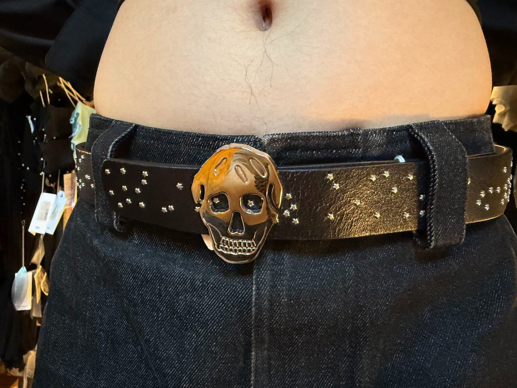 Alexander McQueen Black Star Studded Silver Skull Buckle Leather Belt