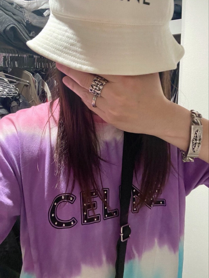 Celine 2016 Studded Tie-Dye Logo Short Sleeve Shirt by Hedi Slimane