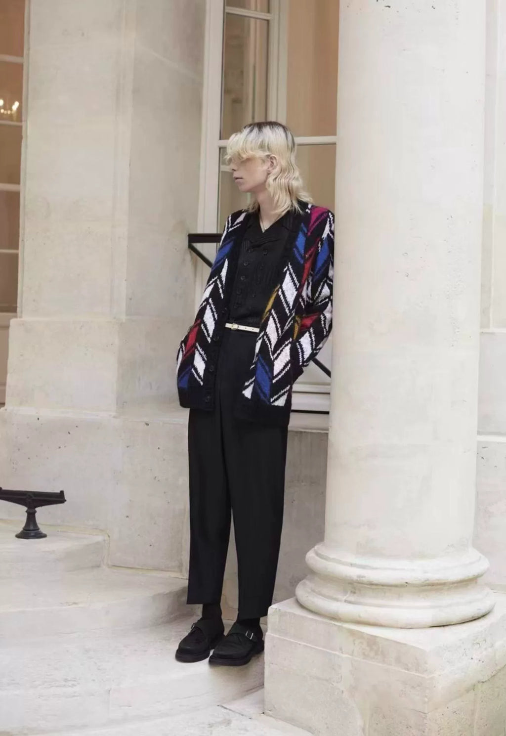 Saint Laurent 21FW Runway Multicolor Color-Block Mohair Knit Wool Cardigan