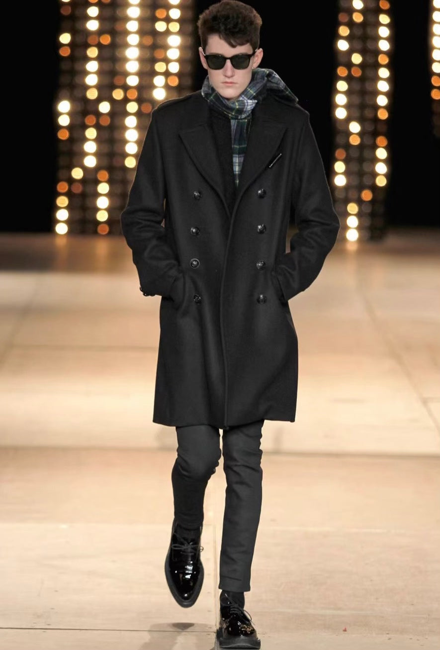 Saint Laurent FW14 Black Wool Anchor Button Double-Breasted Coat
